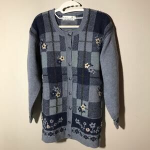 VTG Tulchan wool button up S cardigan sweater embroidered floral argyle cottage